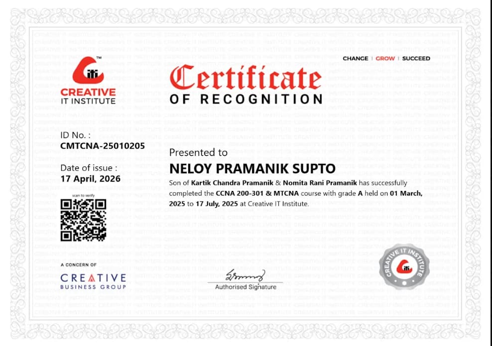 Certificate image: CCNA 200-301 & MTCNA Training, Creative IT Institute