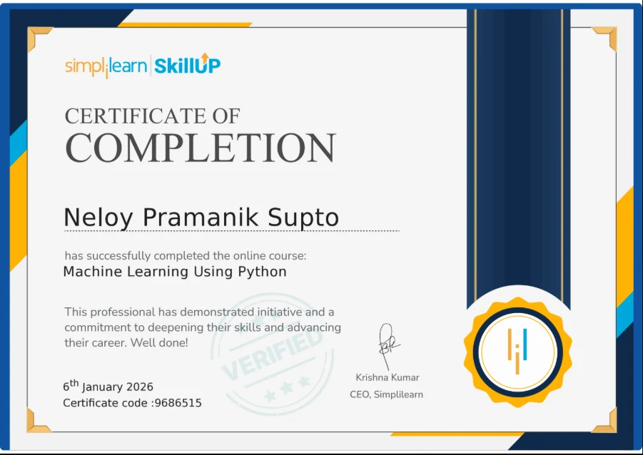 Certificate image: Machine Learning Using Python, Simplilearn SkillUp