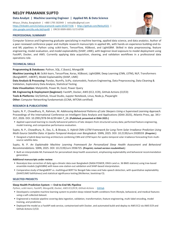 Preview of Data & Machine Learning CV, page one
