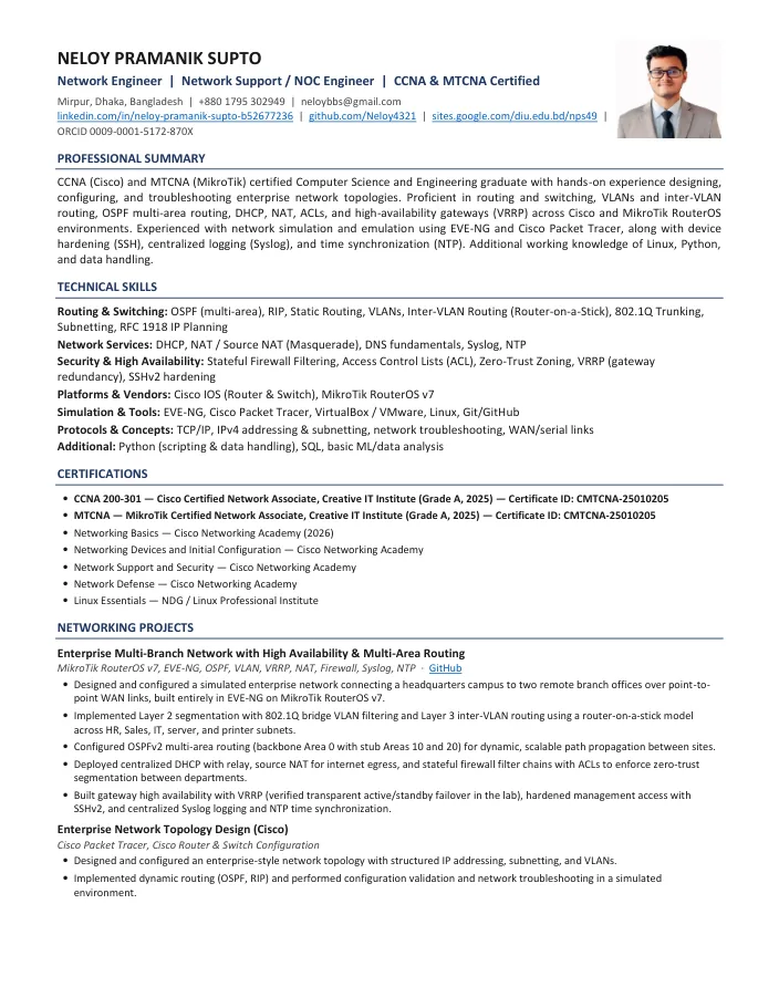 Preview of Networking & NOC CV, page one